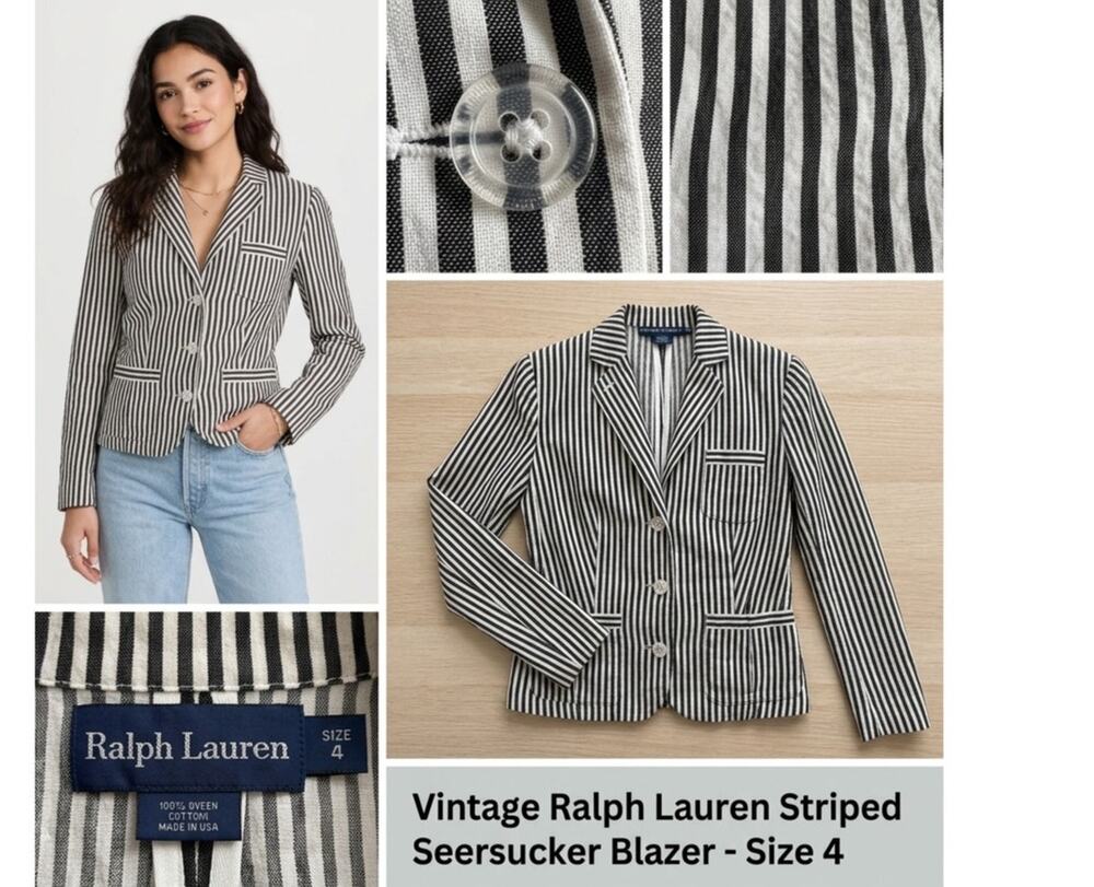 VTG Ralph Lauren Striped Linen Cotton Blazer - Size 4 - Navy/White - EUC